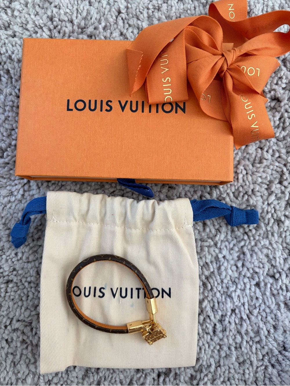Louis Vuitton Brown Monogram Leather Bracelet with Gold Charm Accent